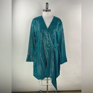 💚 3186. Teal Blue Silver Dotted Wrap Dress